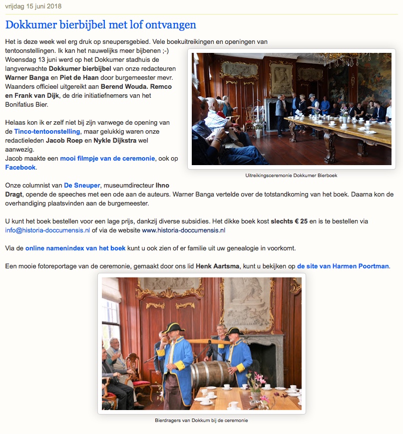Krantenartikel over uitreiking Dokkumer bierbijbel